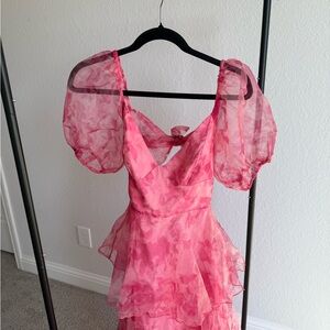 Pink Ruffled Dress with Puff Sleeves